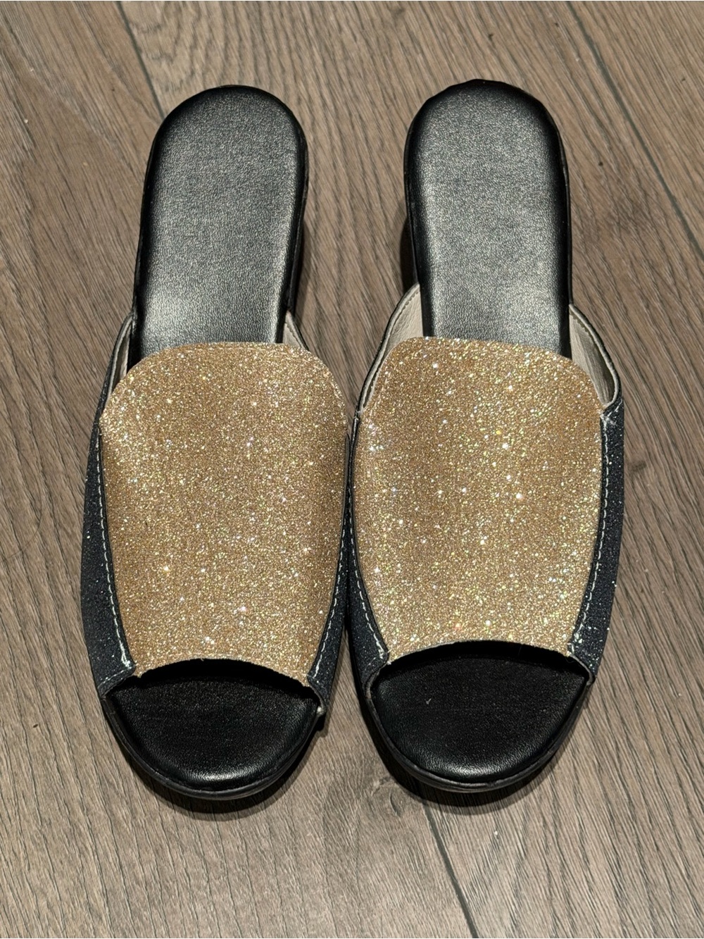 Women's Gold Glitter Slide Mules with Black Footbed